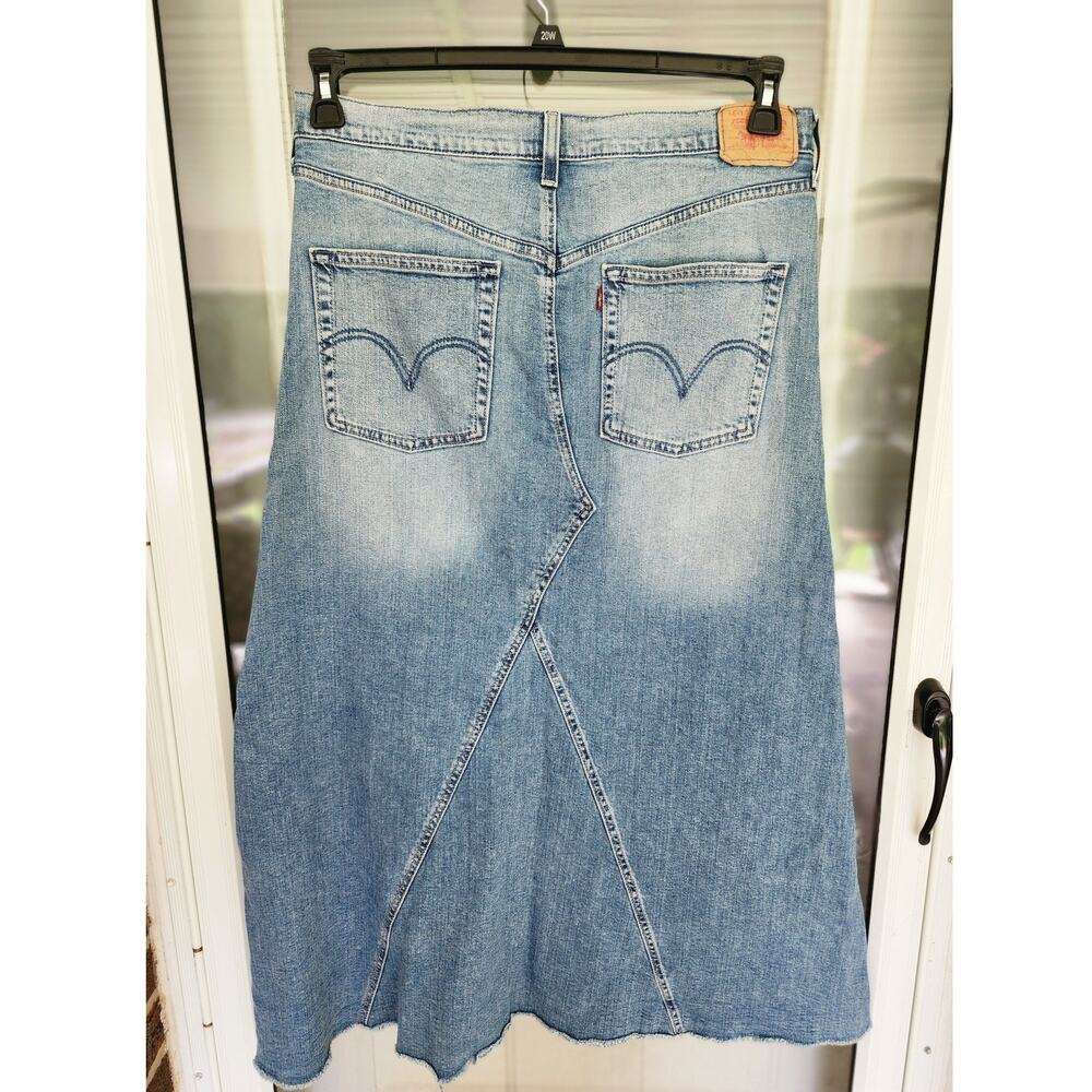 Vintage Y2K Levi's Size 11 Jr Blue Denim Long Button Fly A-Line Raw Hem Skirt - Picture 2 of 8
